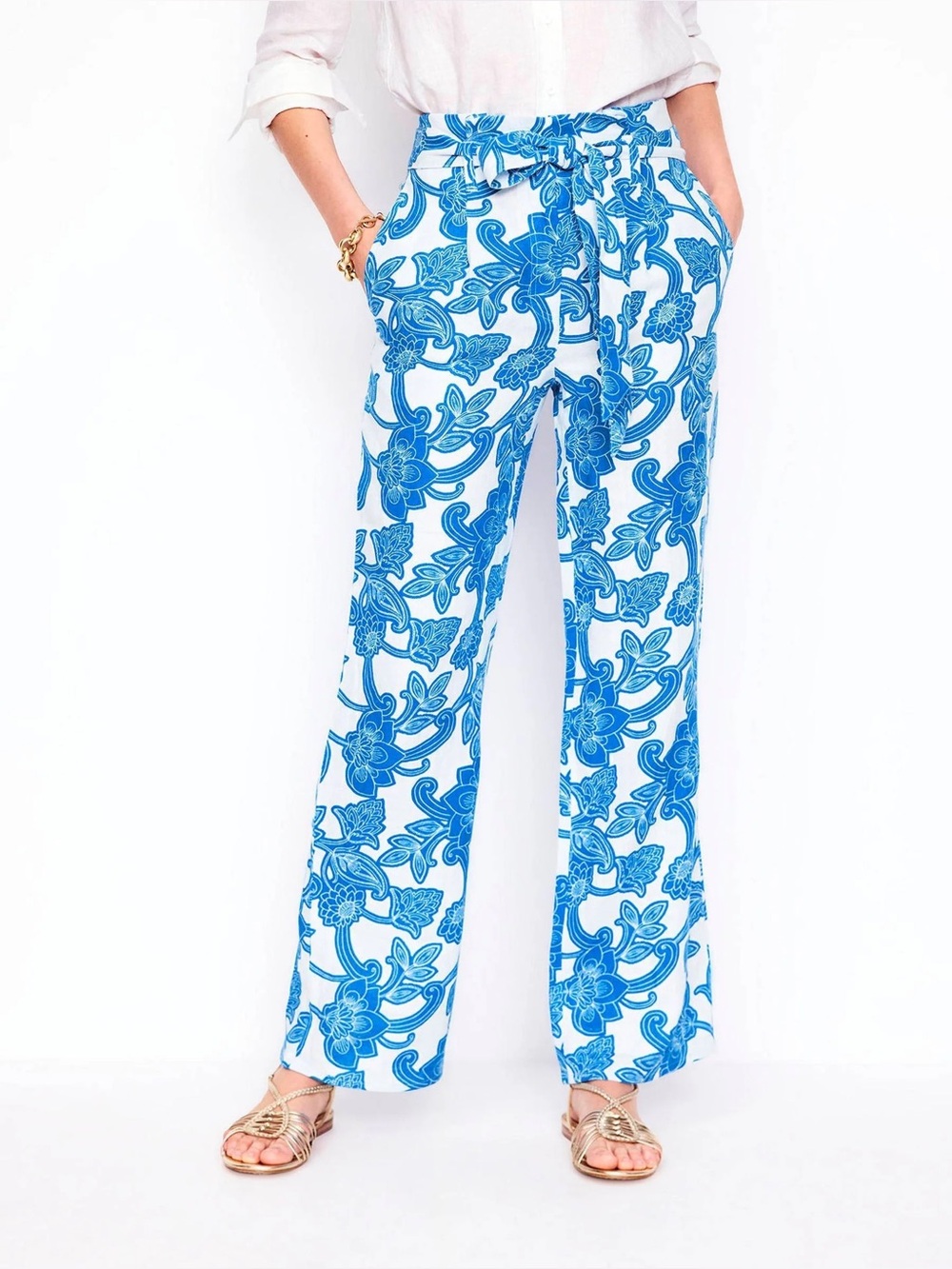 Boden Blue Floral Paisley Linen Belted Wide Leg Trousers Size US 10